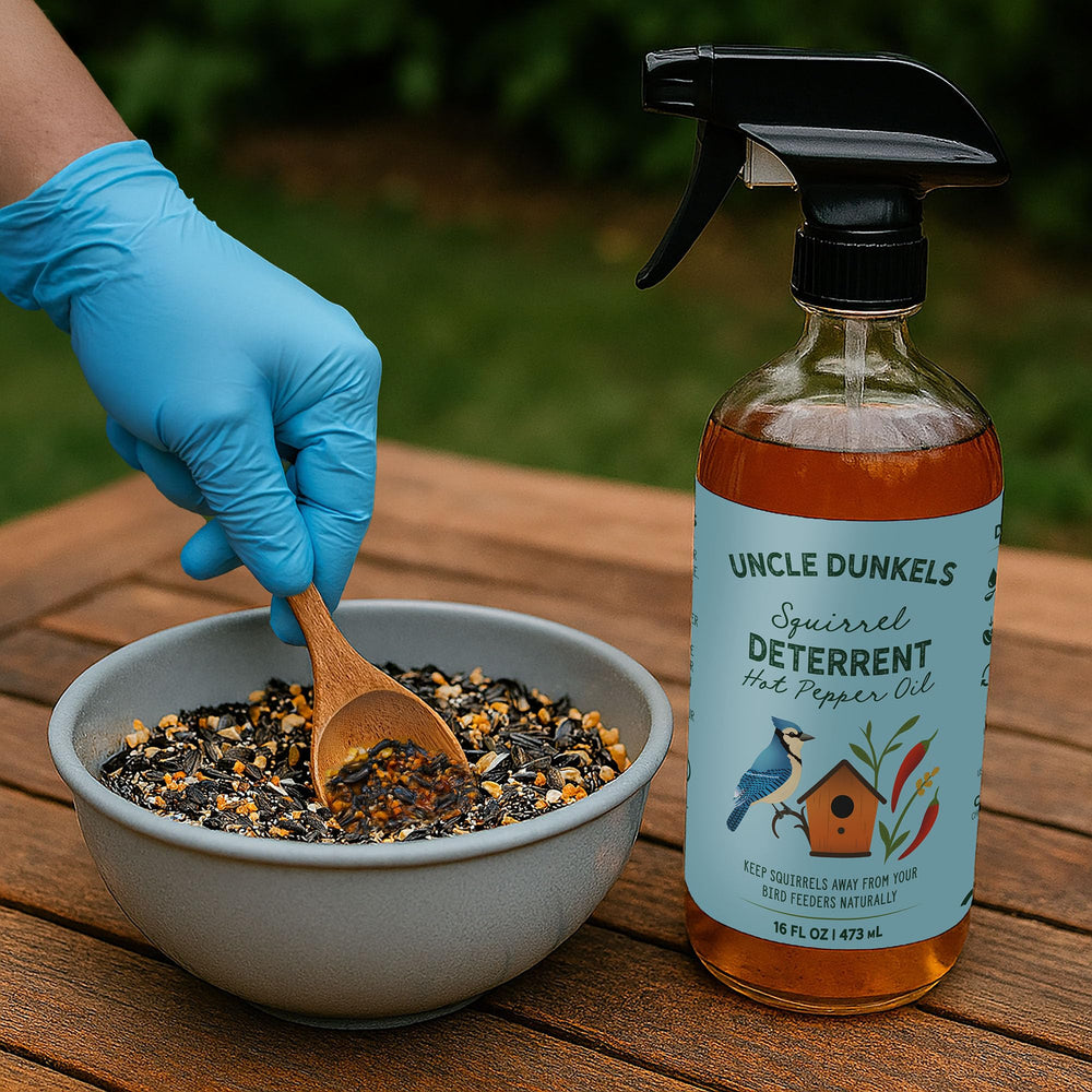 Uncle Dunkels seed coating spray being applied to bird seed for deterrence