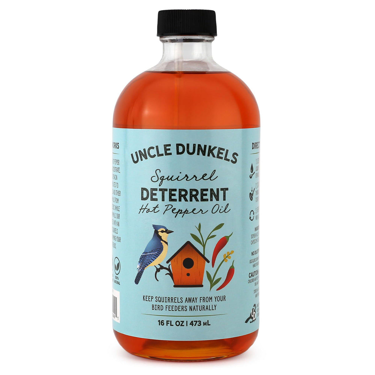 Uncle Dunkels spicy hot pepper deterrent bottle ready to apply to bird seed