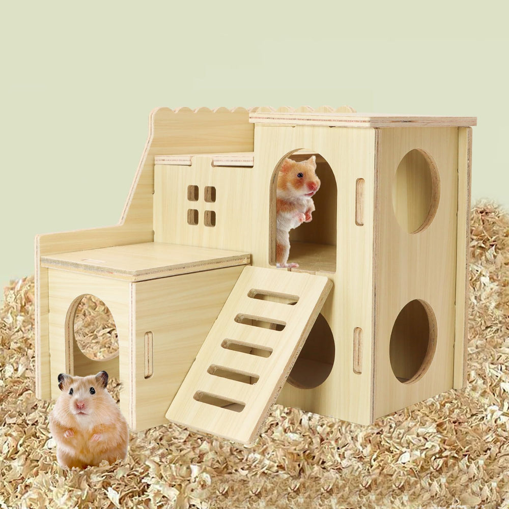 Uncle Yang Tiny Hamster Maze Wood House dimensions show 6.1 x 5.7 x 5.5 inches.