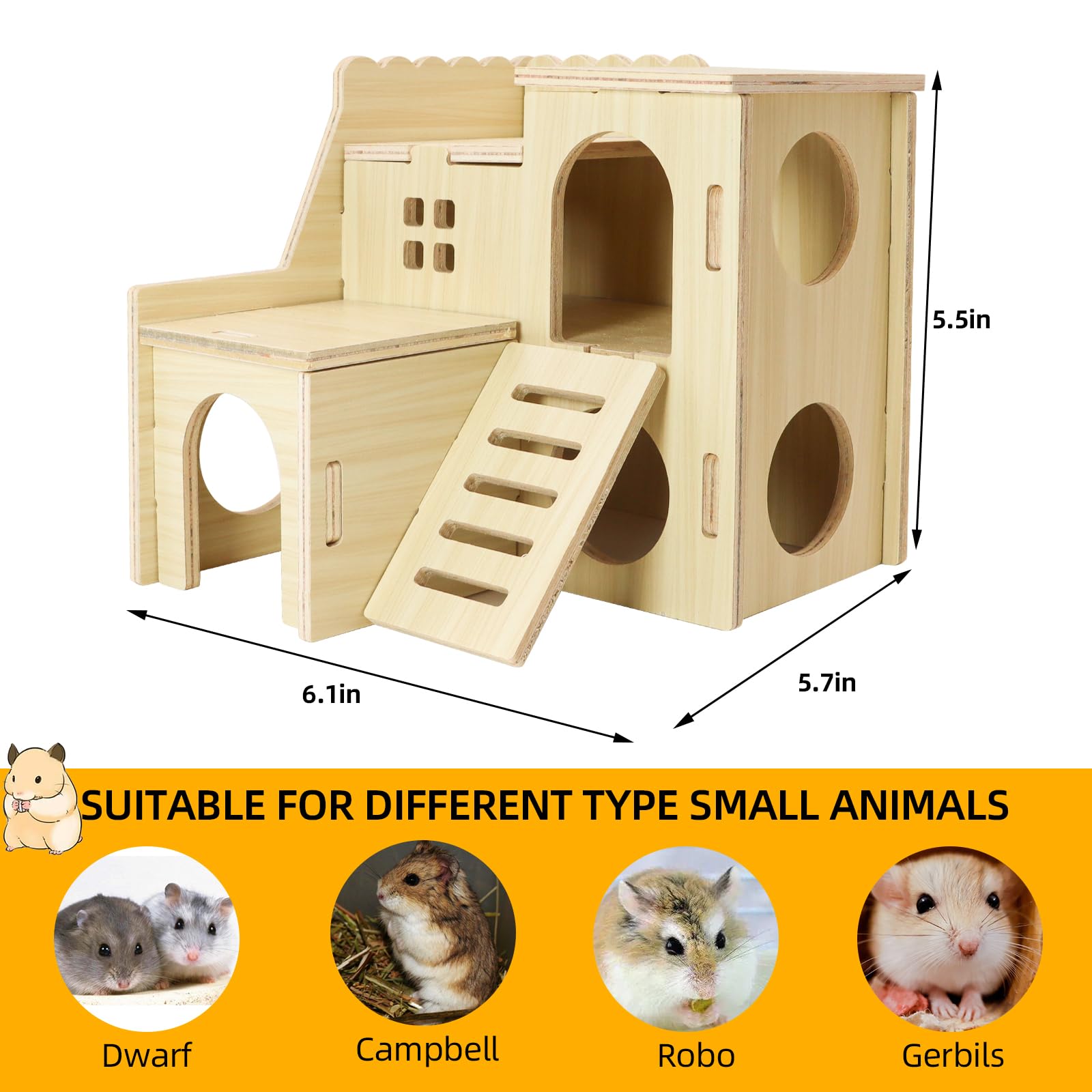 Uncle Yang Tiny Hamster Maze Wood House interior reveals double-decker play space.