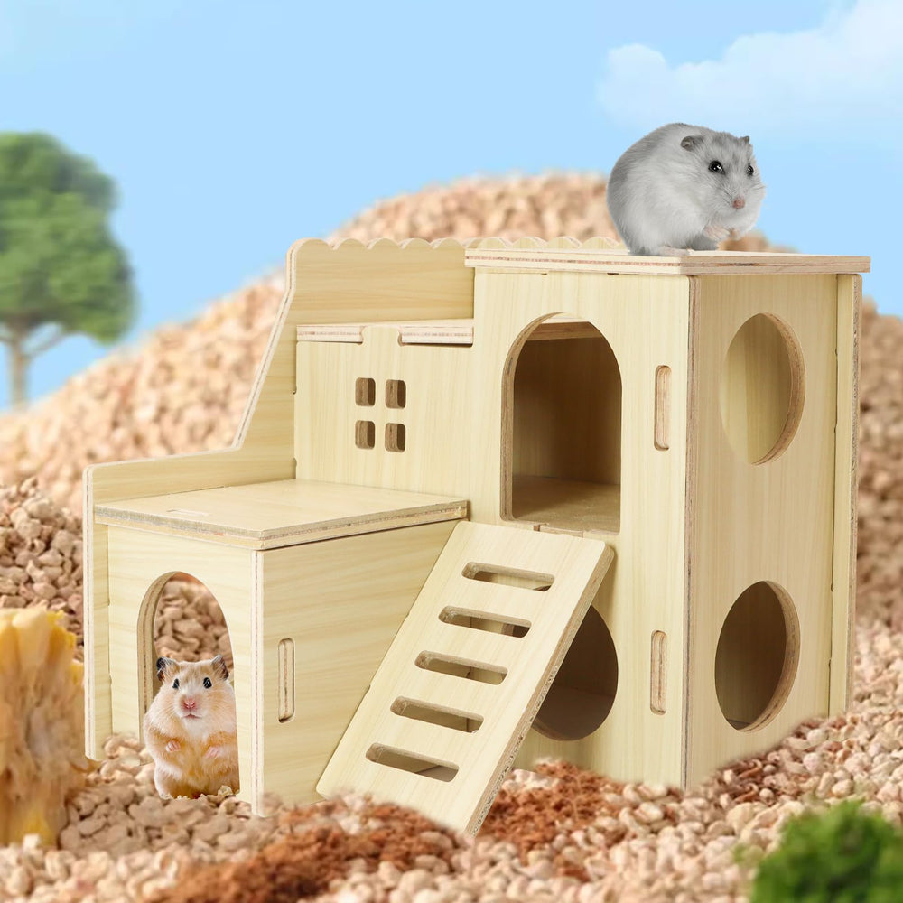 Uncle Yang Tiny Hamster Maze Wood House materials highlight non-toxic wood and paint.