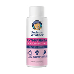 Under the Weather anti-diarrhea liquid cat bottle front suggests stomach comfort for pets.
