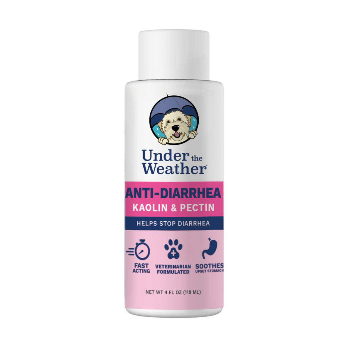 Under the Weather anti-diarrhea liquid for dogs bottle offering gentle gut support.