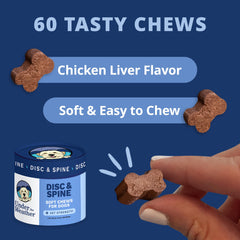 Under the Weather disc-spine-chews closeup highlights chondroitin, MSM, turmeric for joint health.