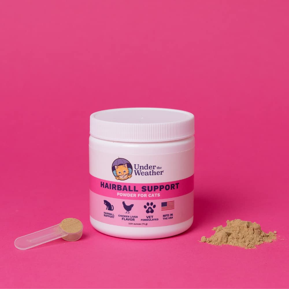 Under the Weather hairball supplement powder-dispense highlights fiber-rich psyllium for natural passage.