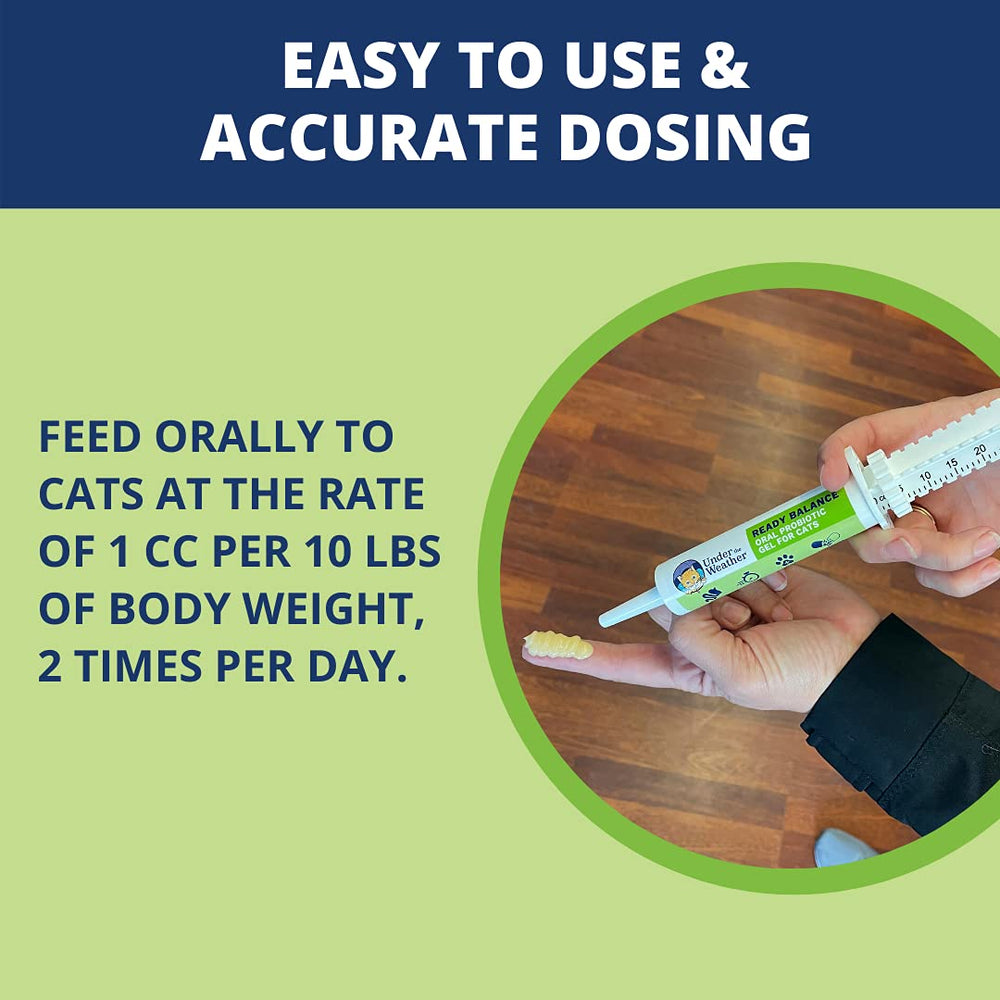 Under the Weather Pet Ready Balance probiotic-bottle: six live strains support gut balance.