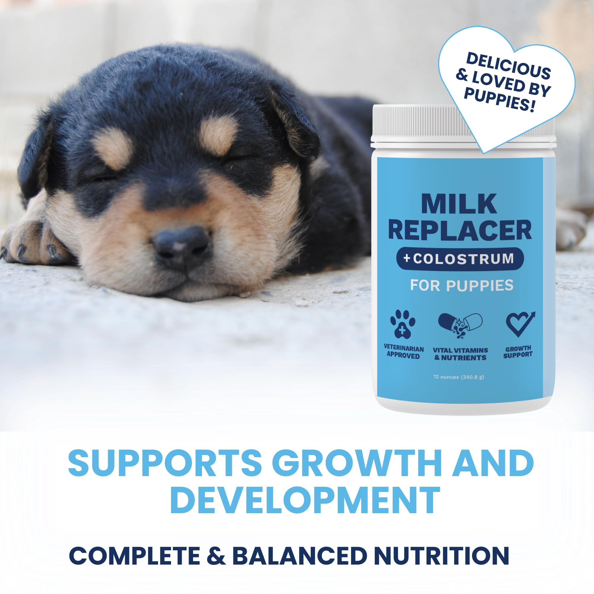 Under the Weather Puppy Milk Replacer bottle with colostrum suggests immune-support potential