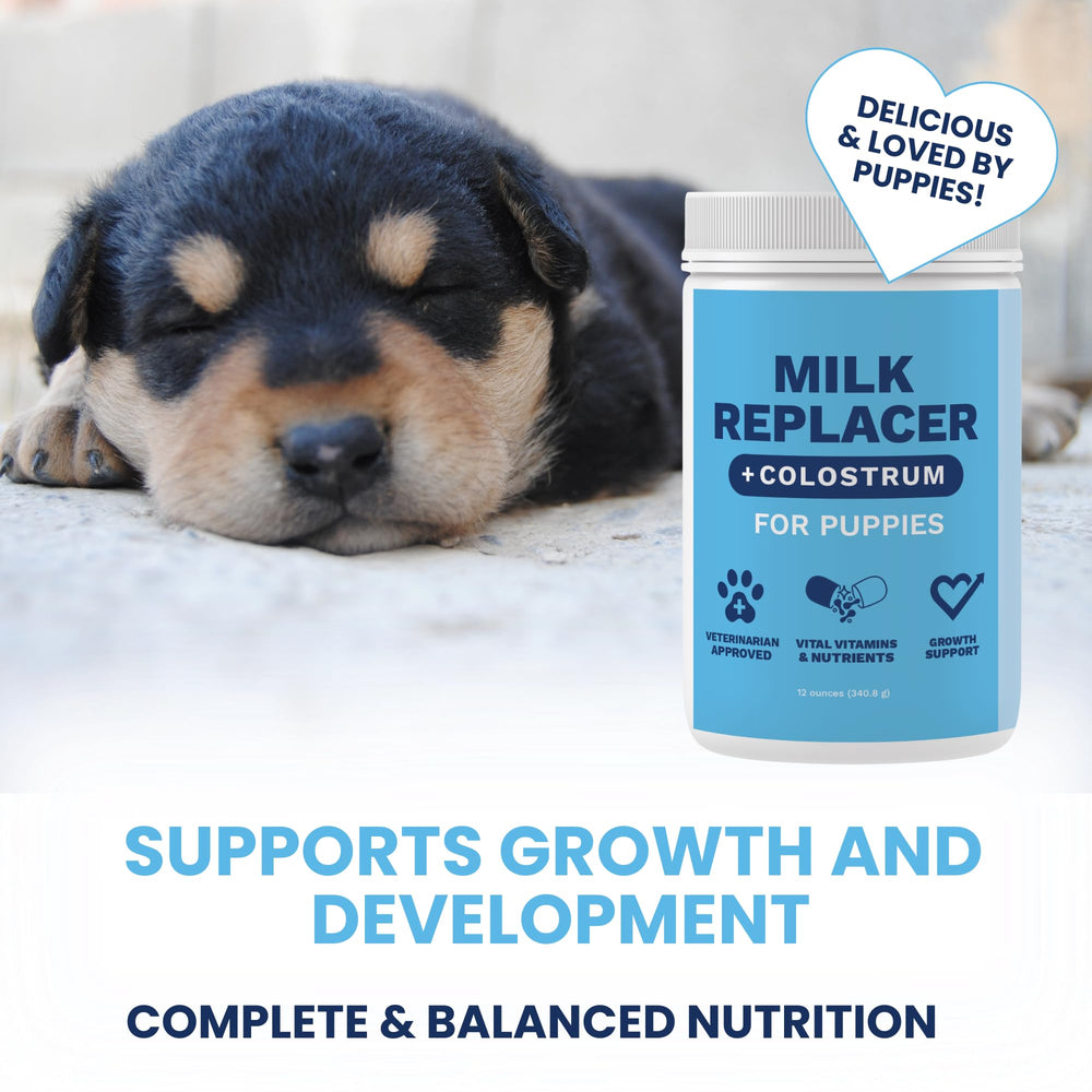 Under the Weather Puppy Milk Replacer bottle with colostrum suggests immune-support potential