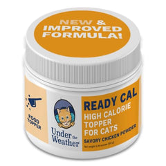 Under the Weather Ready Cal powder beside a cat bowl supporting calorie intake