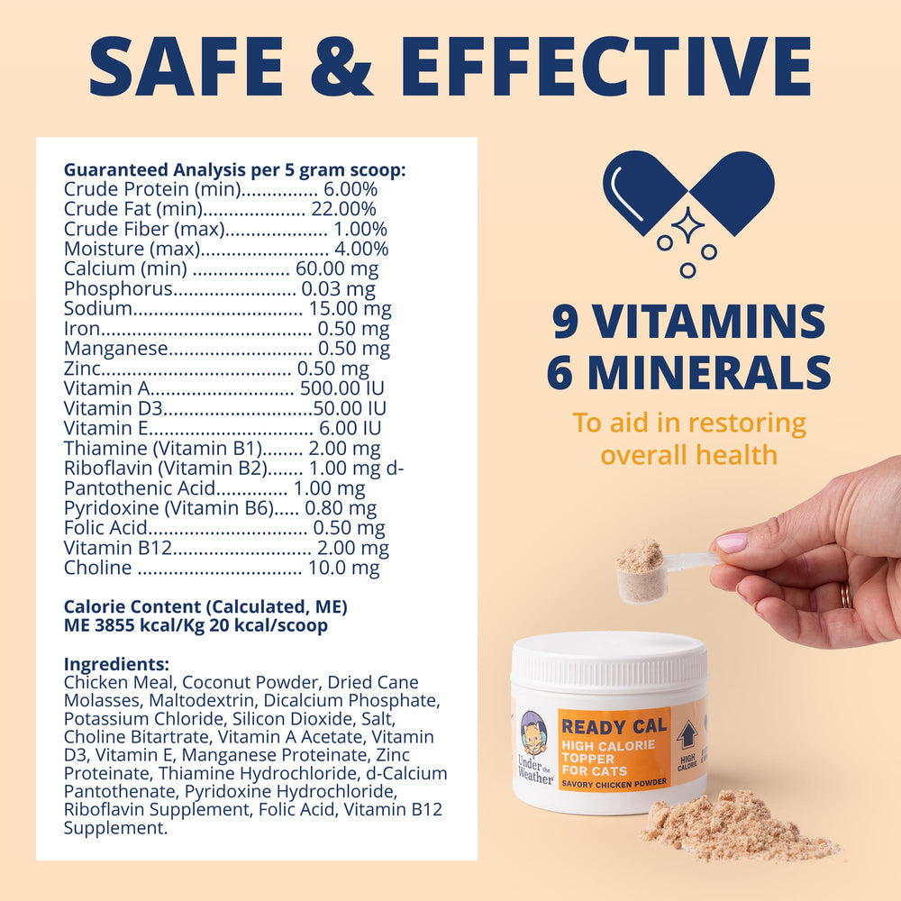 Under the Weather Ready Cal nutrition graphic shows vitamins and minerals for cats
