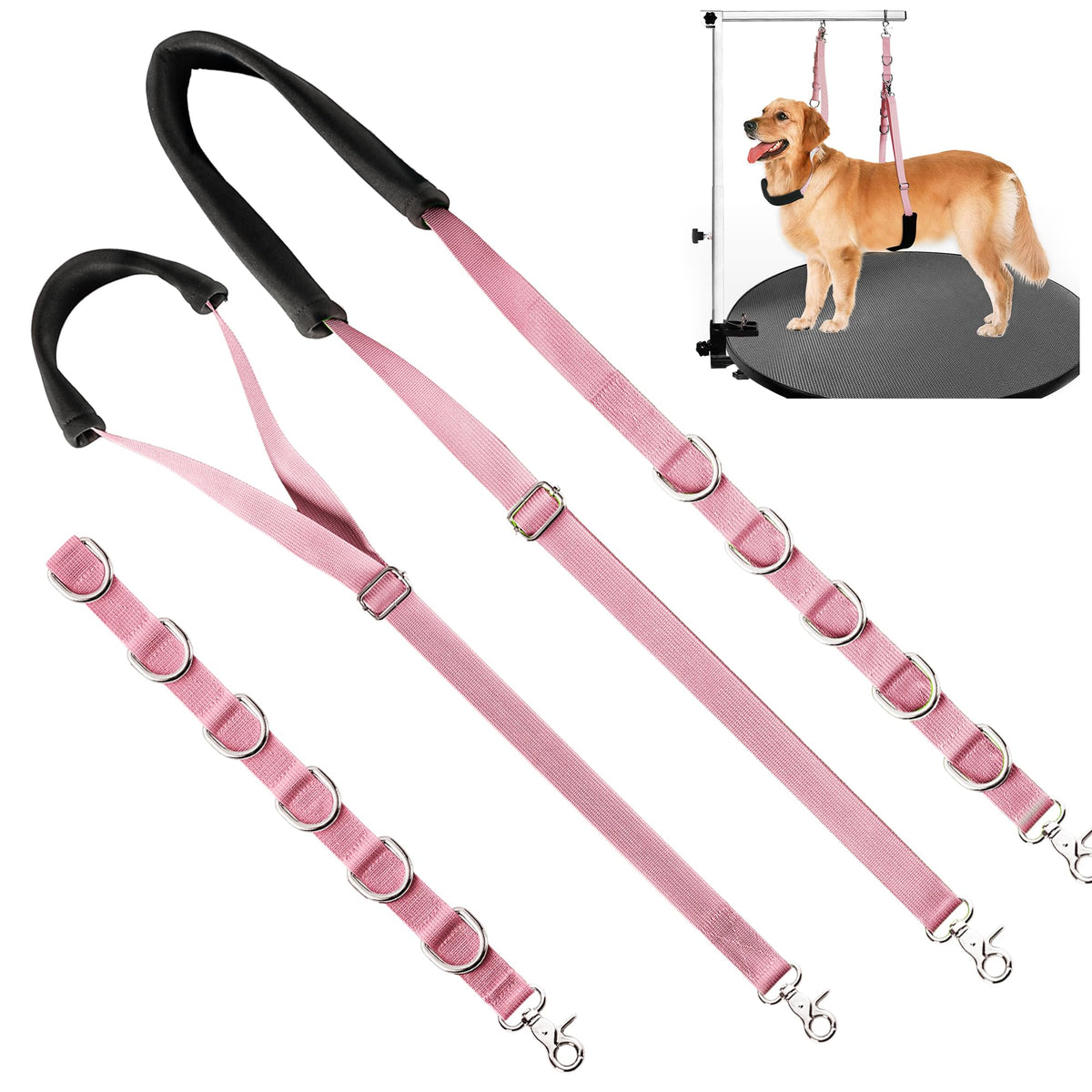 Uni PNR dog grooming belly strap pink secures small to medium dogs during brushing and bathing.