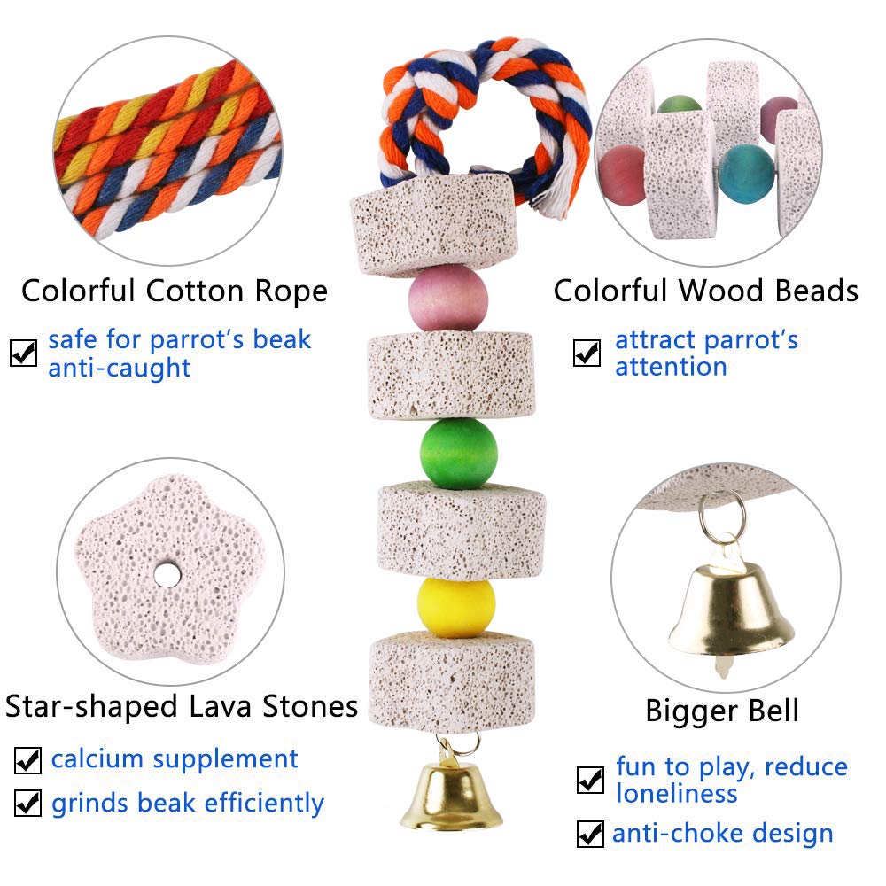 Unibene parrot chew toy cotton rope hang image emphasizes safer hanging placement.