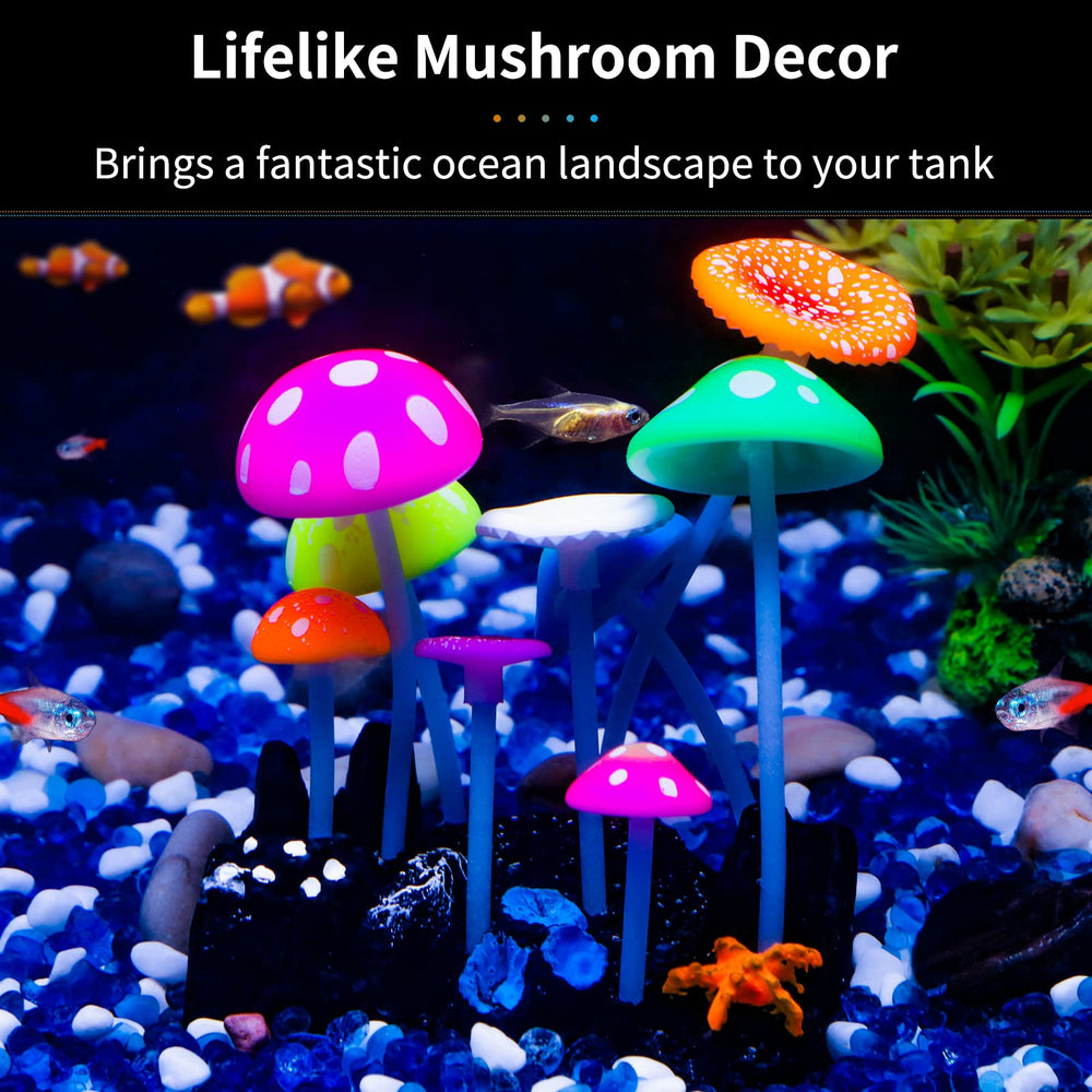 Uniclife actinic-light-glow-mushroom showcases blue glow under actinic lighting for ambience.