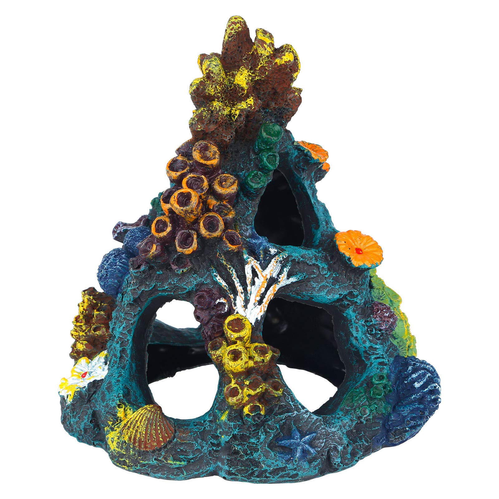 Uniclife resin coral rock cave ornament front view highlights colorful hiding spots for fish.
