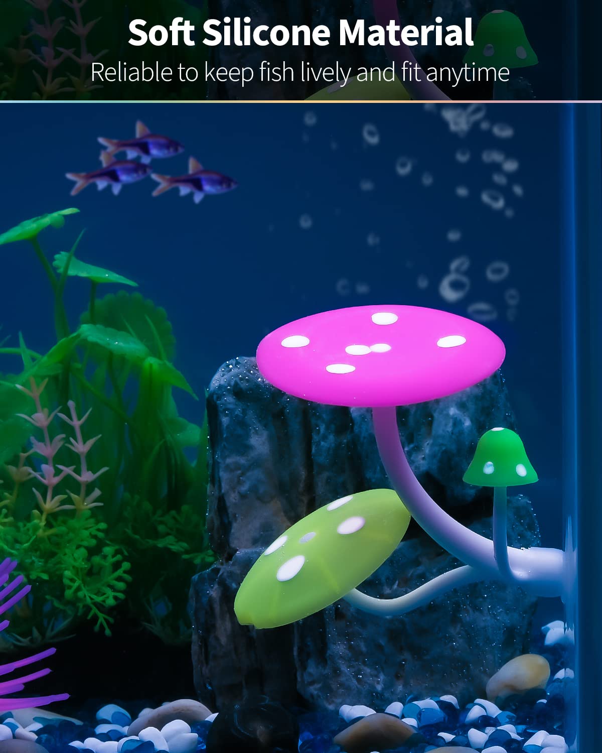 Uniclife Betta Mushroom Hammock glows under actinic blue or purple lighting.