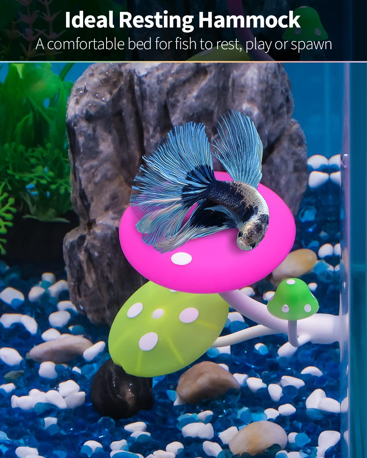 Uniclife Betta Mushroom Hammock soft silicone decor enhances tank safety with smooth textures.