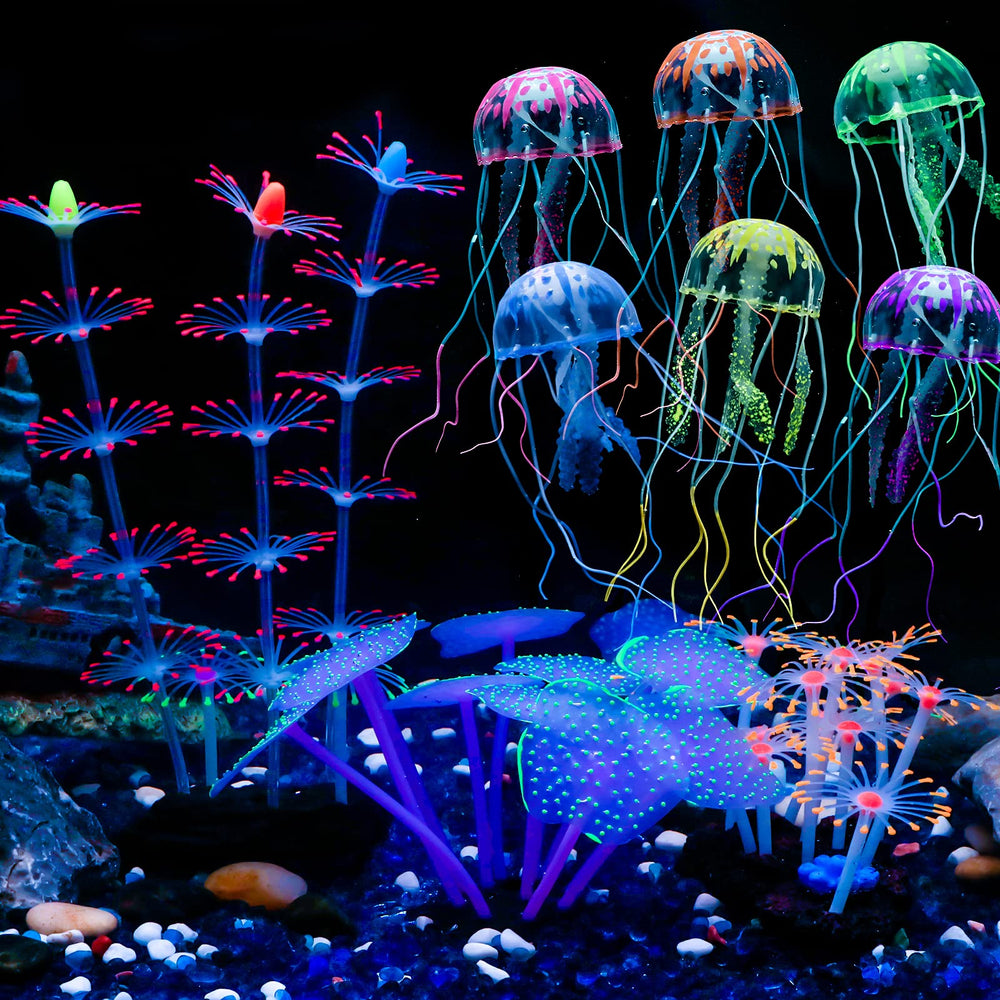 Uniclife four-pack glowing jellyfish decor enhances aquarium ambiance with soft movement.