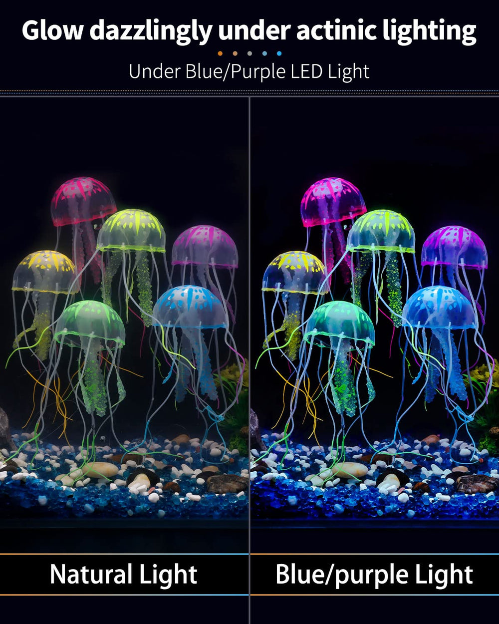 Uniclife jellyfish ornament glows under actinic blue light for a luminous aquarium display.