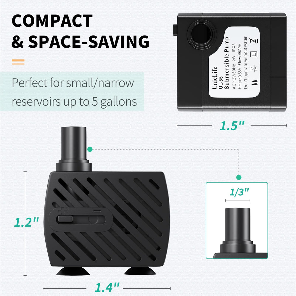 Uniclife pet pump 60gph side view demonstrates compact footprint for nano fountains.