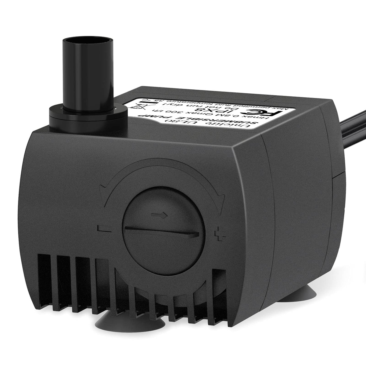 Uniclife submersible pump rotatable flow knob enables precise water control for fountains and aquariums.
