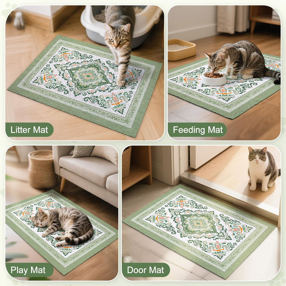 Unicorn Catcher cat litter mat in kitchen setup shows floor protection and tidy pet area