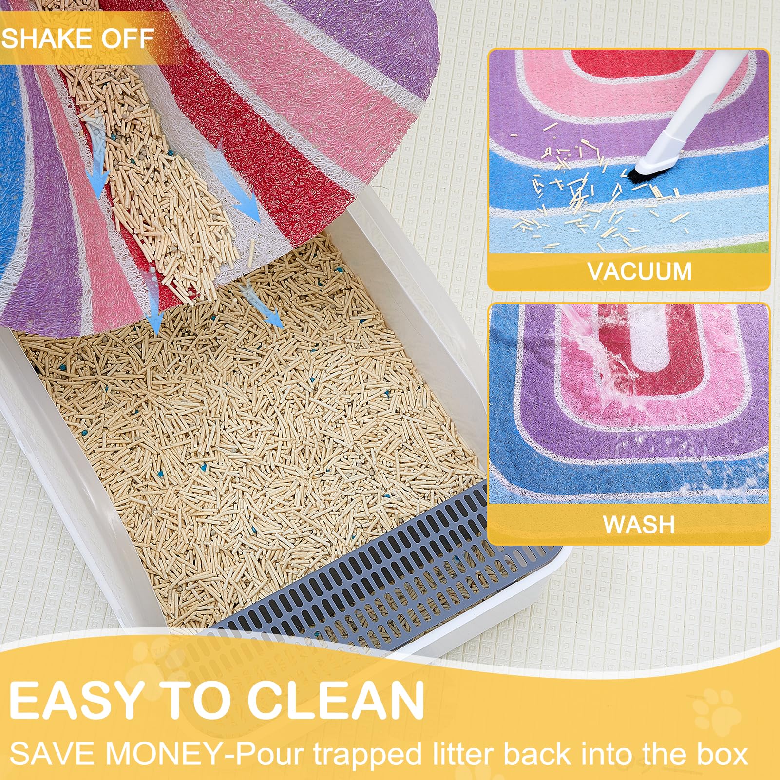 Unicorn Catcher cat litter mat shaped rainbow fits two-box setups.