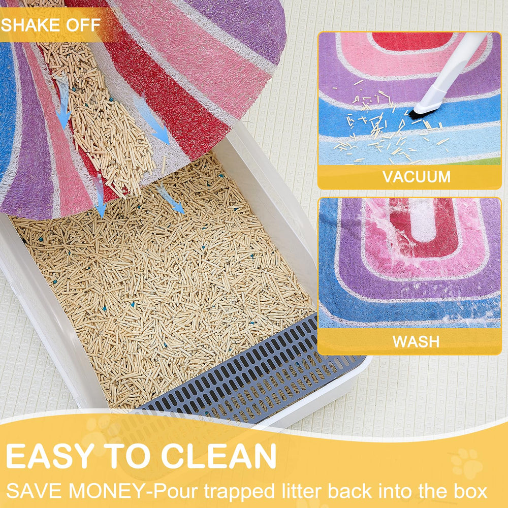 Unicorn Catcher cat litter mat shaped rainbow fits two-box setups.