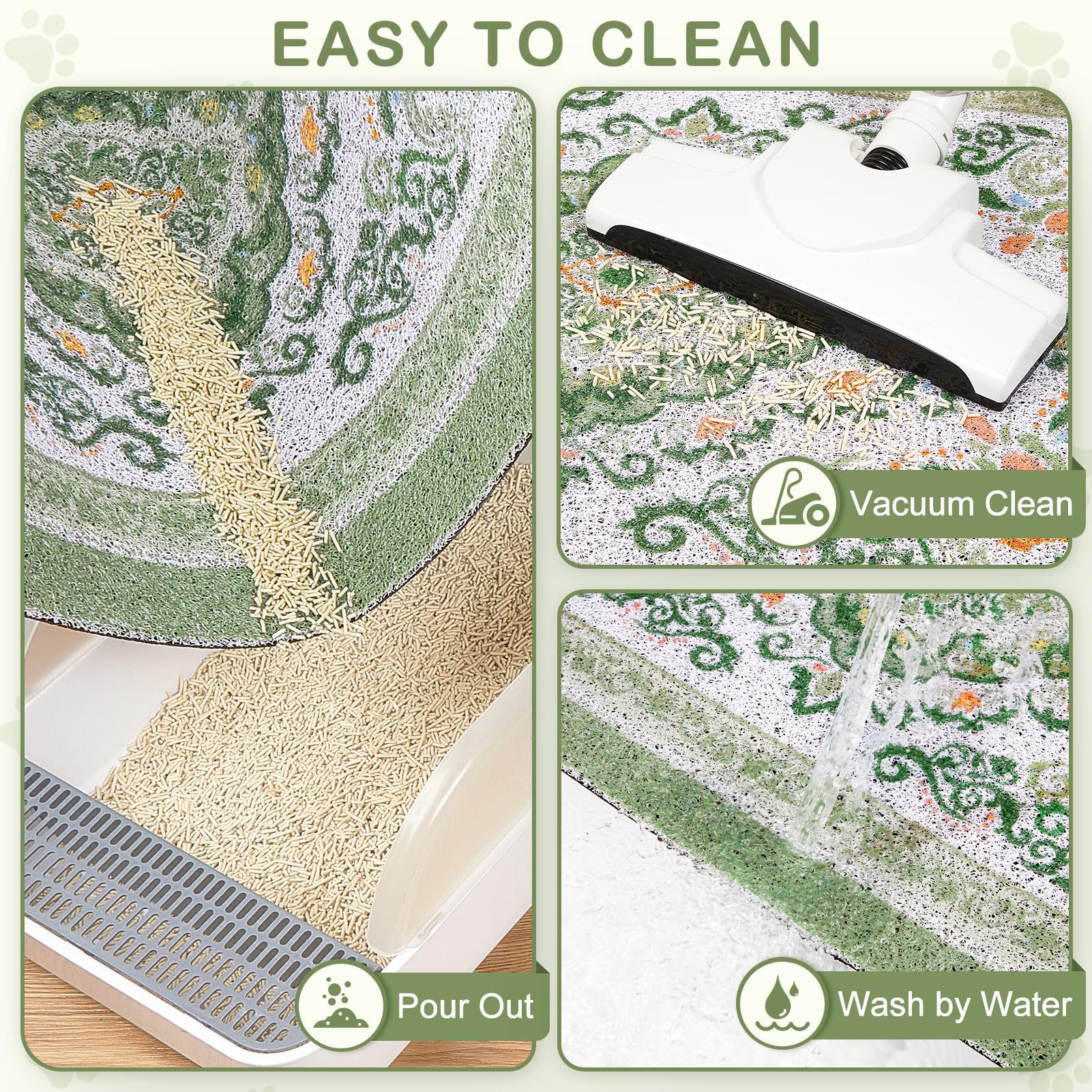 Unicorn Catcher cat litter mat easy-clean close-up demonstrates shake, vacuum, or wash cleaning options