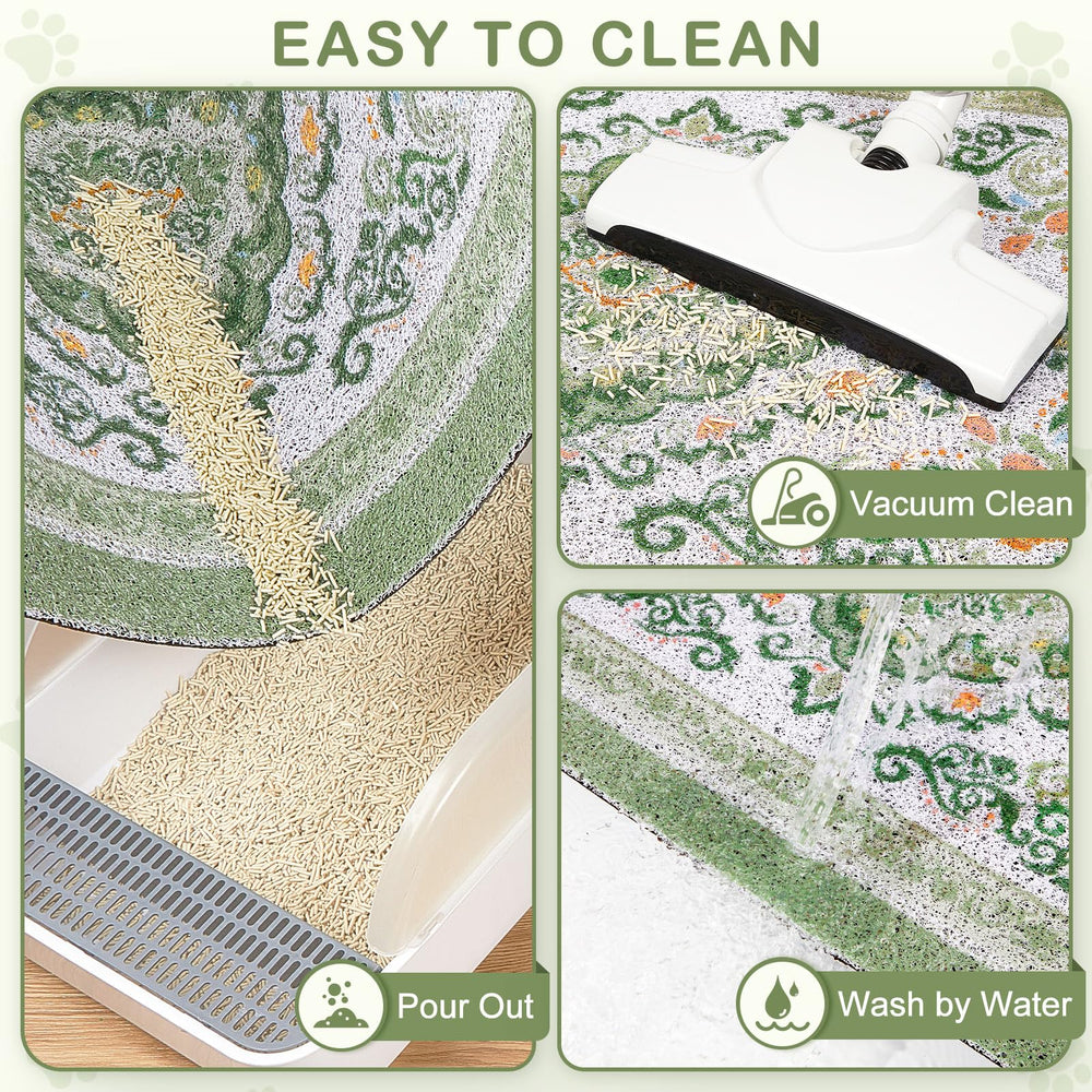 Unicorn Catcher cat litter mat easy-clean close-up demonstrates shake, vacuum, or wash cleaning options