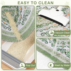 Unicorn Catcher cat litter mat easy-clean close-up demonstrates shake, vacuum, or wash cleaning options
