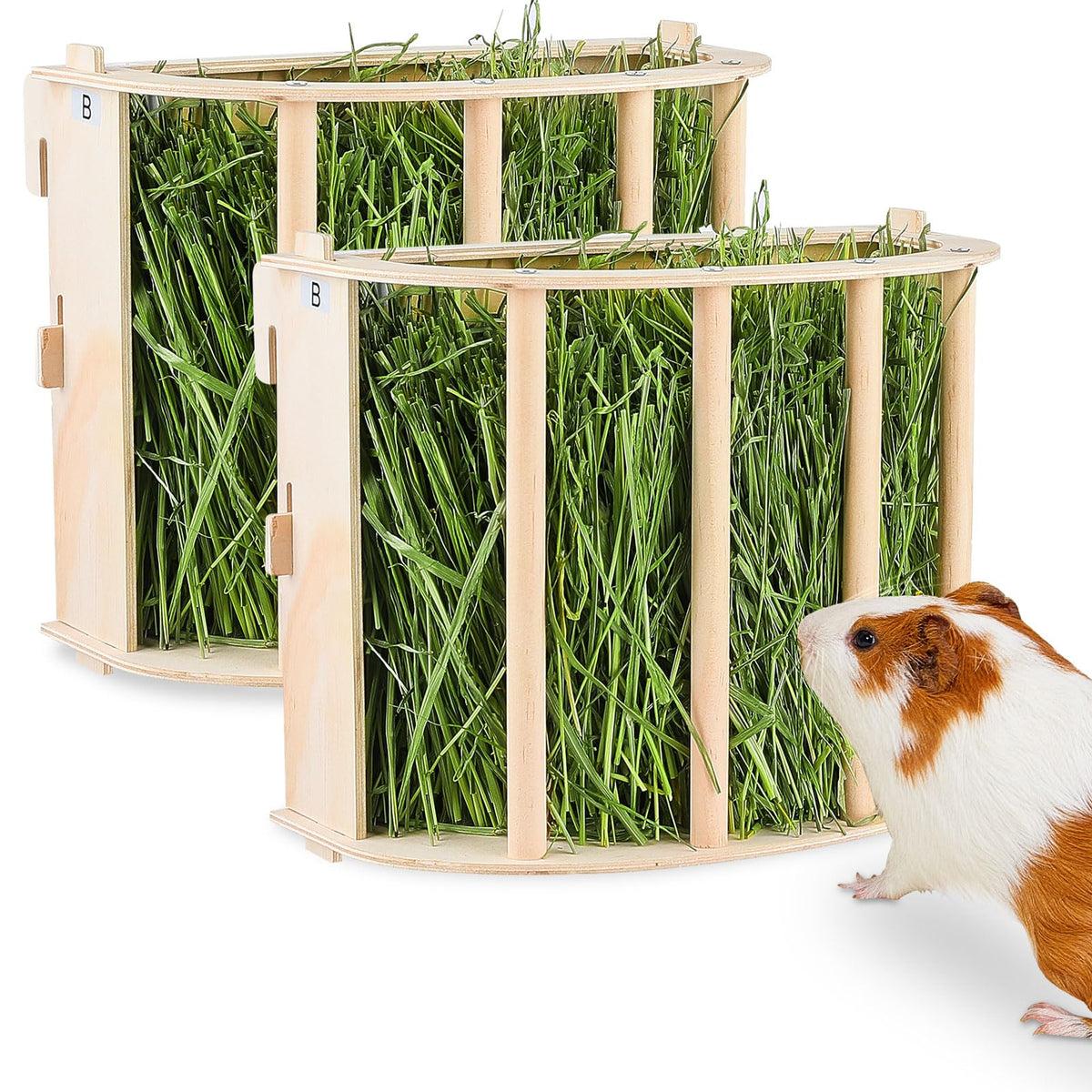 Unicorn Catcher guinea pig hay feeder front view shows durable wood design that reduces waste.