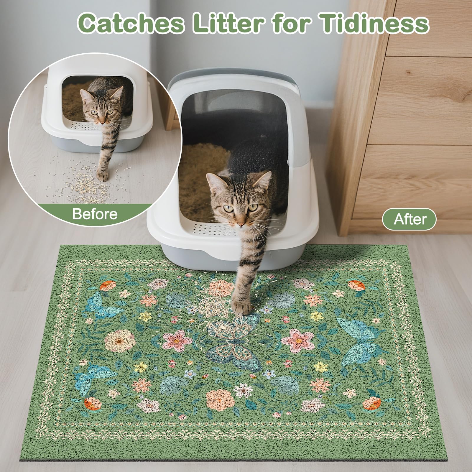 Unicorn Catcher litter mat features a non-slip bottom for stable placement.
