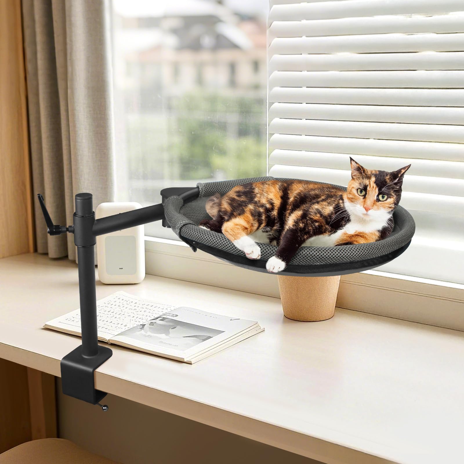 Unidevice Cat Desk Bed desk-fit image shows compatibility with desks up to 2.2 inches thick.