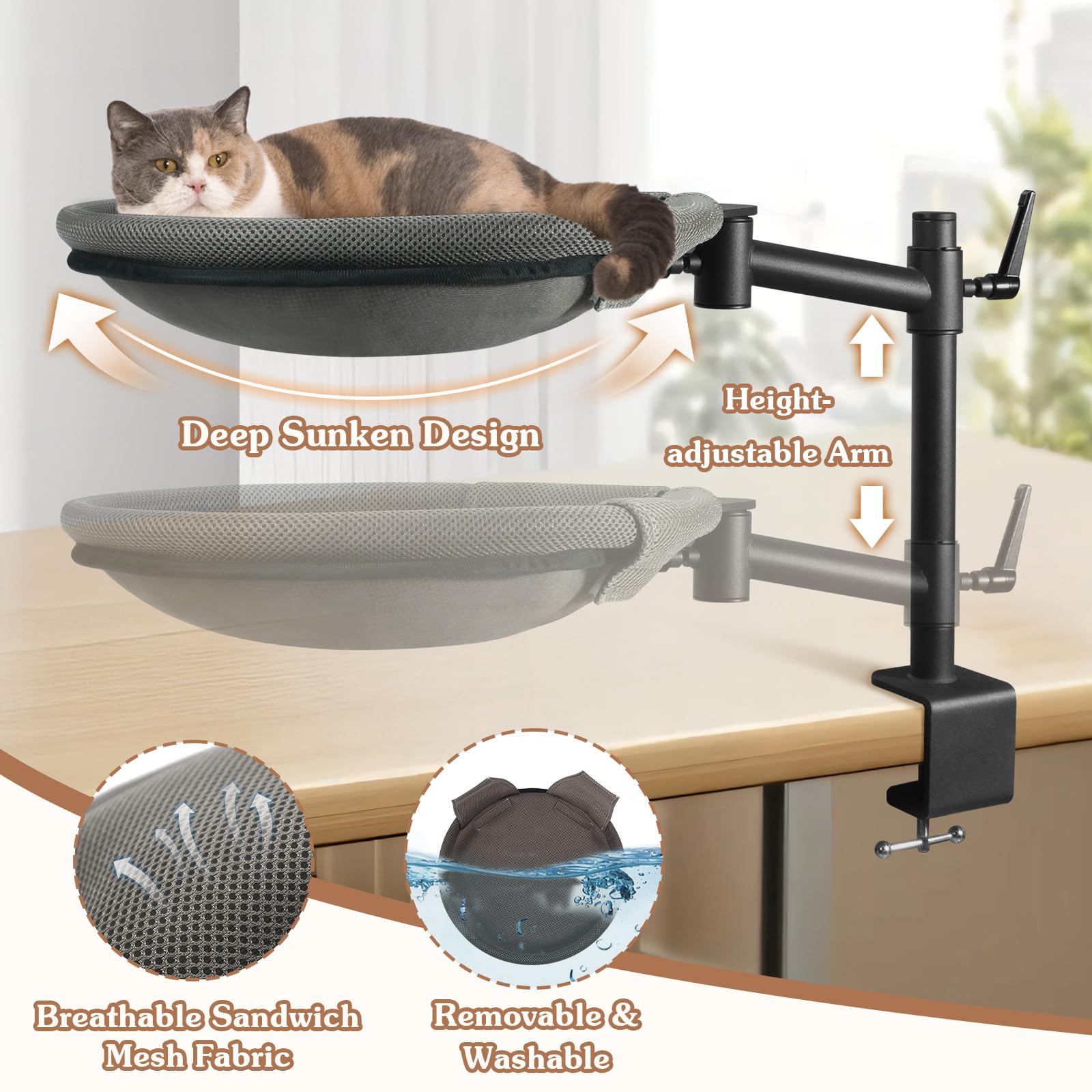 Unidevice Cat Desk Bed height-adjust image highlights 11.8" lift for tailored cat comfort.
