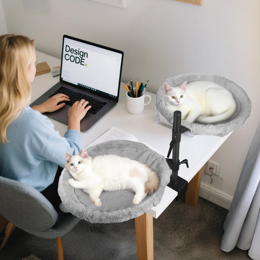 Unidevice Double Cat Desk Bed fabric close-up emphasizes washable covers for quick cleaning