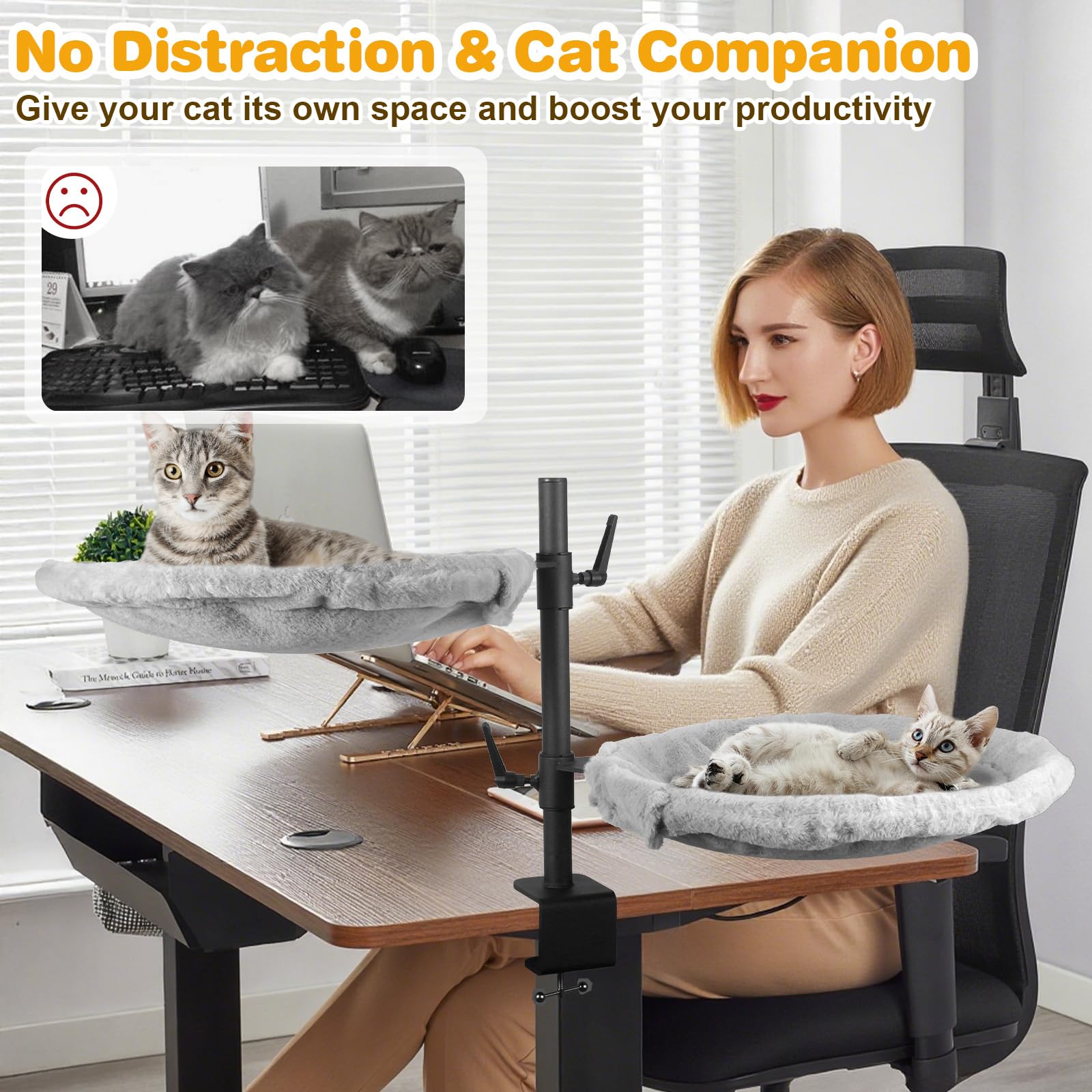 Unidevice Double Cat Desk Bed height adjustment image shows customizable perch height for comfort