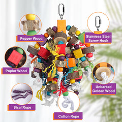 Unimaxlink prickly ash wood toy with knotted rope engages parrots during play