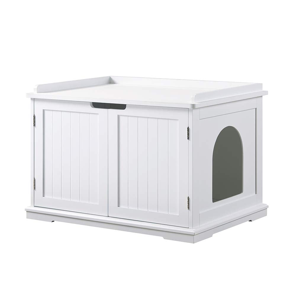 Unipaws cat litter box enclosure front view shows discreet white cabinet for neat spaces.