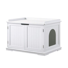 Unipaws cat litter box enclosure front view shows discreet white cabinet for neat spaces.