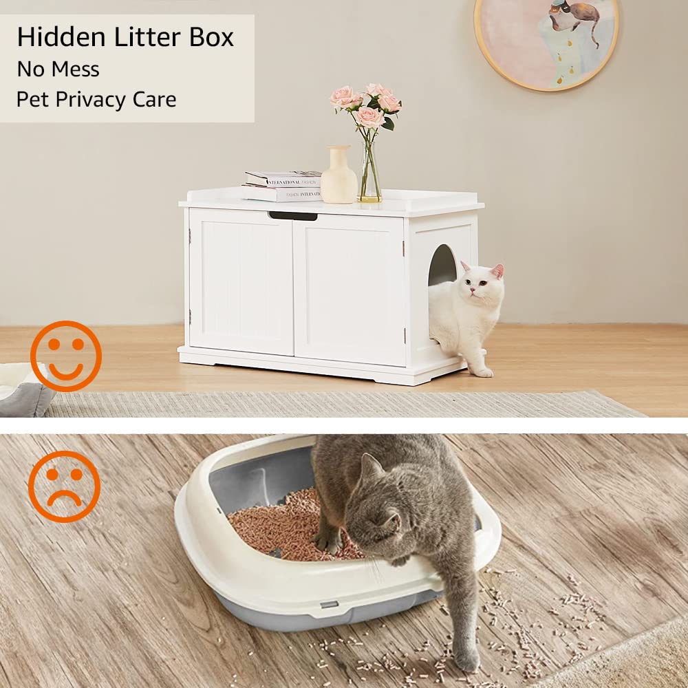 Unipaws cat litter box enclosure open door reveals hidden litter with privacy.