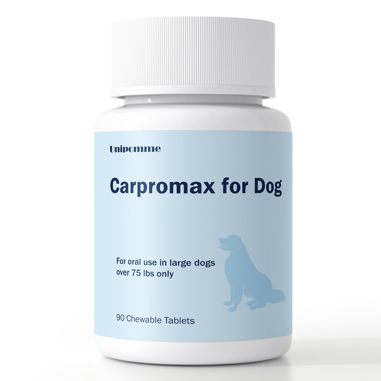 Unipomme Carpromax bottle displaying large-dog pain-relief tablets for mobility support.