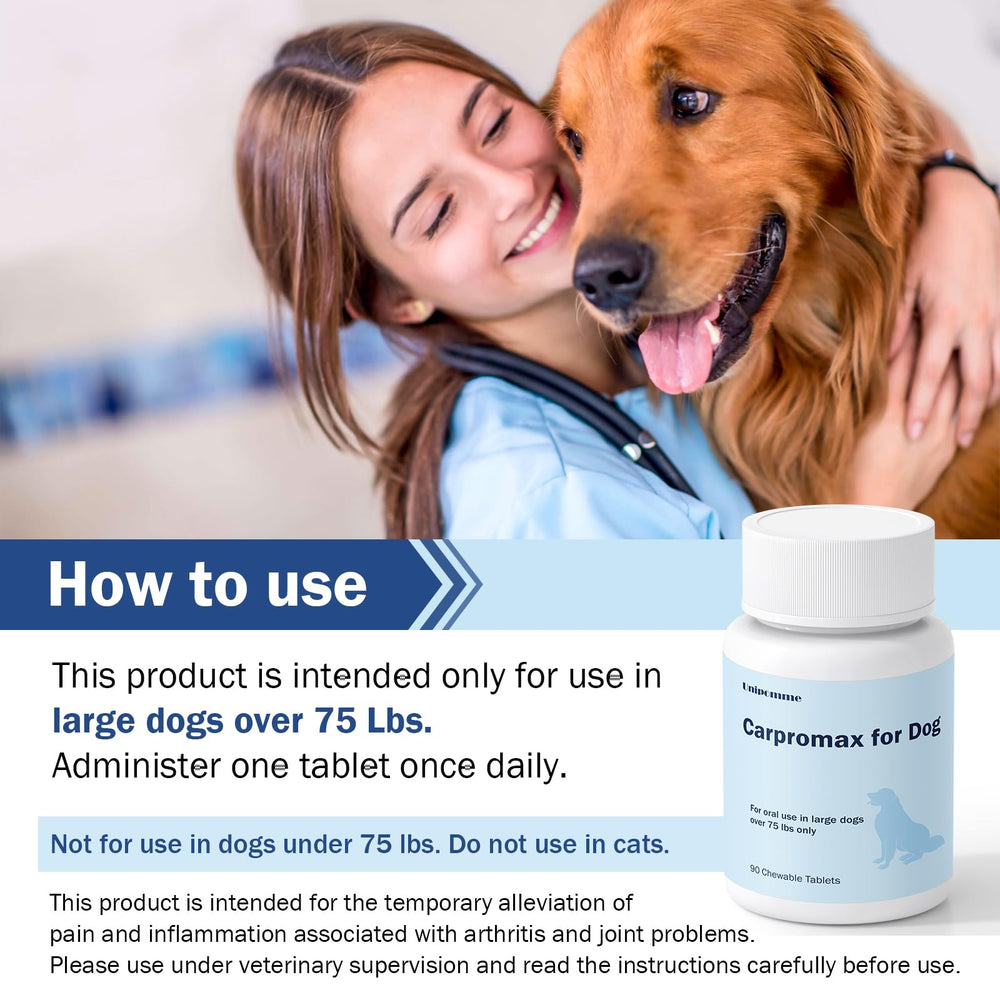 Unipomme Carpromax package close-up highlighting 90-tablet bottle for senior dogs.