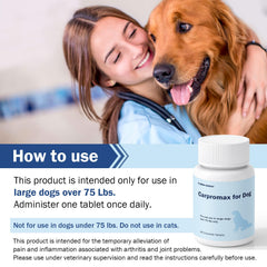 Unipomme Carpromax package close-up highlighting 90-tablet bottle for senior dogs.