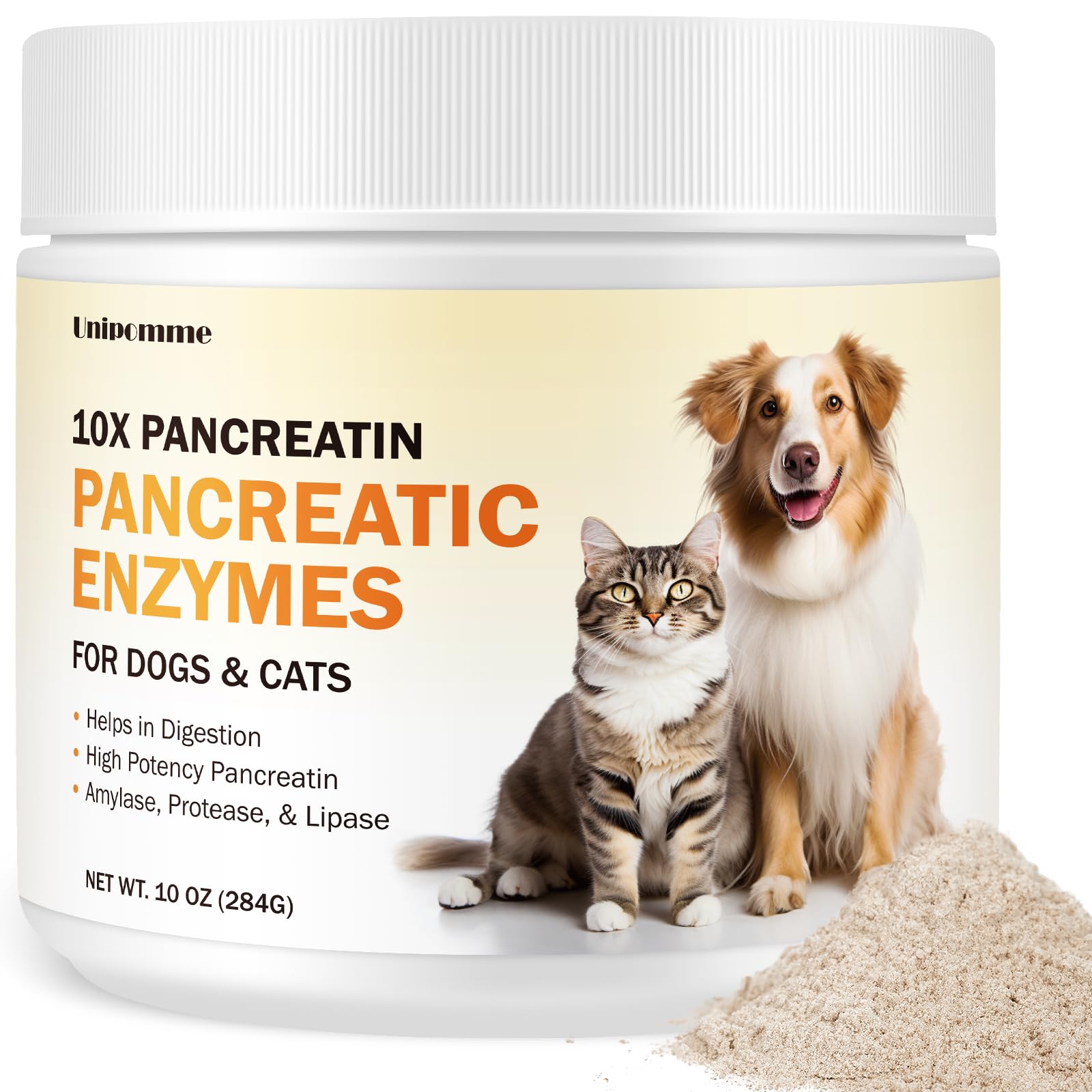 Unipomme Pancreatic Enzymes for Dogs bottle close-up supports easy supplementation at mealtime