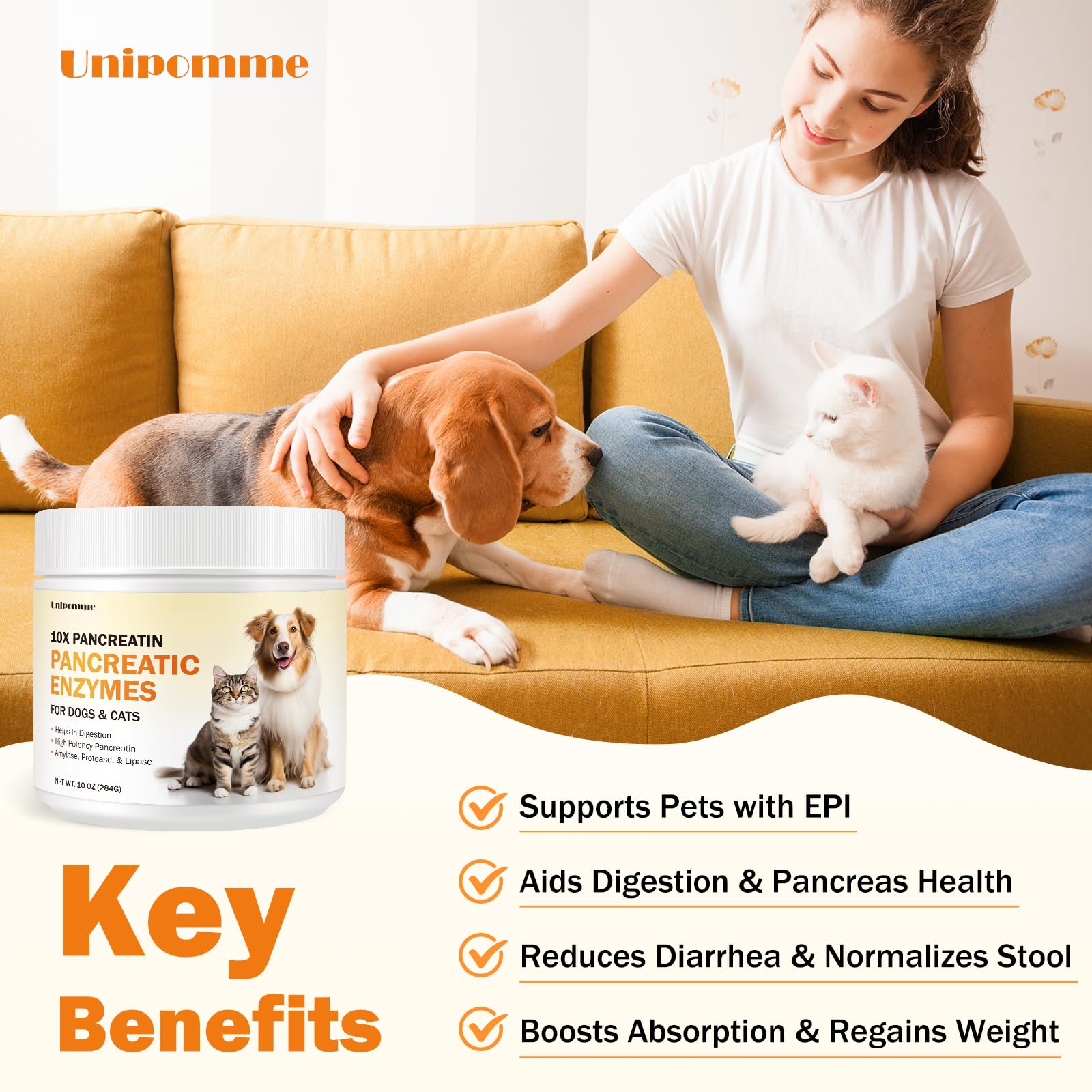 Unipomme Pancreatic Enzymes for Dogs in a meal-time bowl highlights convenient powder mixing