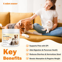 Unipomme Pancreatic Enzymes for Dogs in a meal-time bowl highlights convenient powder mixing