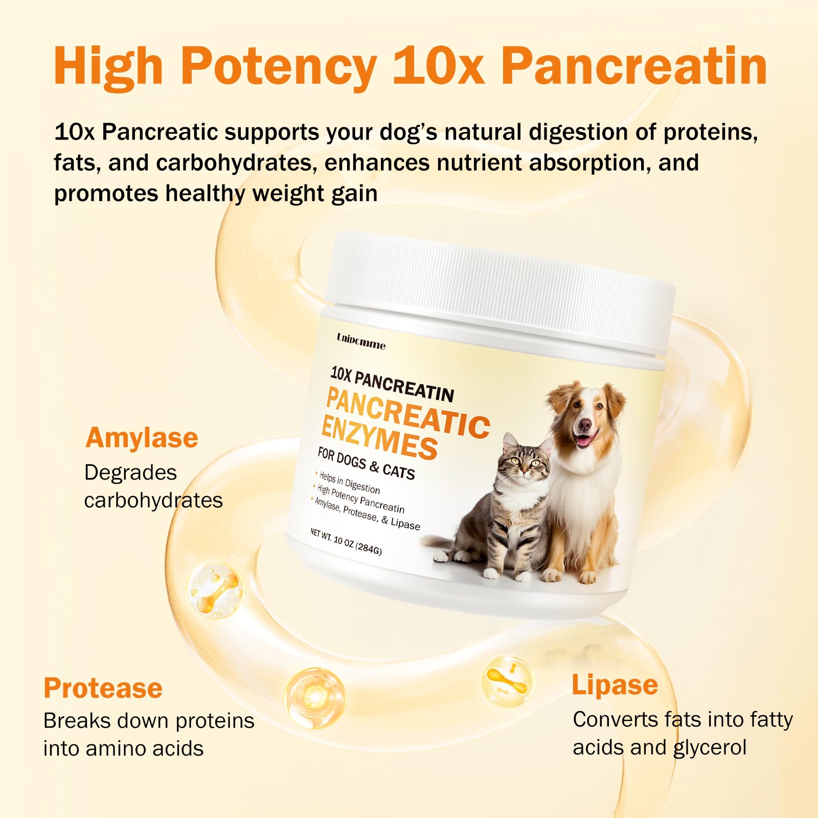 Unipomme Pancreatic Enzymes for Dogs packaging on shelf conveys brand reliability and safety