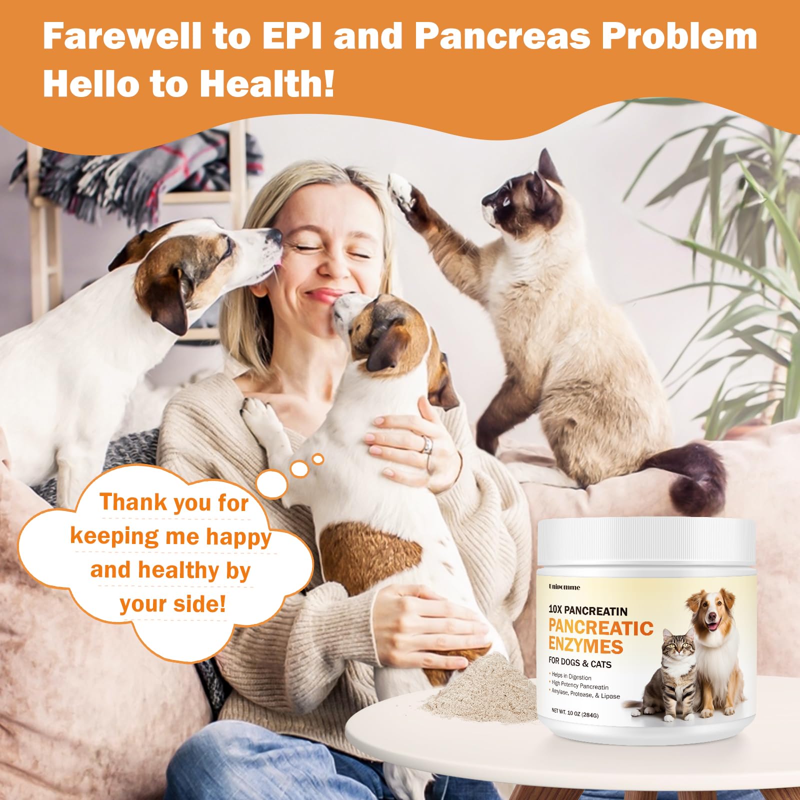 Unipomme Pancreatic Enzymes for Dogs powder being poured into moist food for digestion support