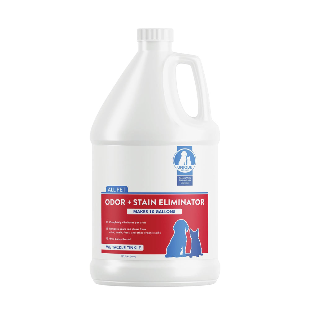 Unique Pet Odor and Stain Eliminator bottle front shows the probiotic cleaner for odor removal.