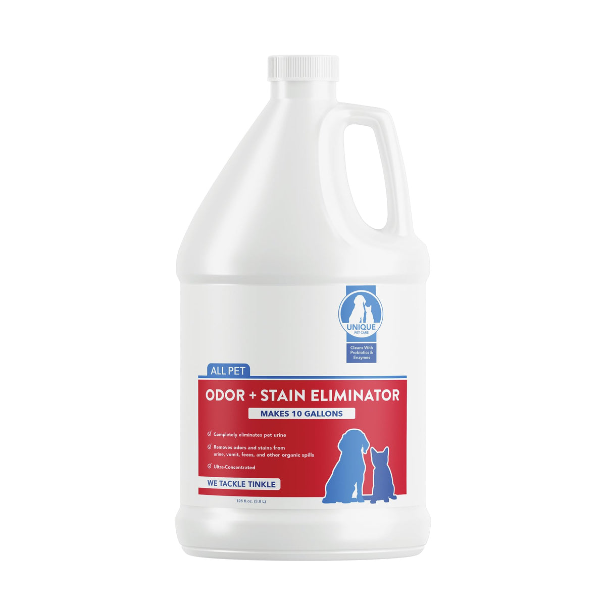 Unique Pet Odor and Stain Eliminator bottle front shows the probiotic cleaner for odor removal.